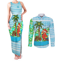 Honduras Christmas Couples Matching Tank Maxi Dress and Long Sleeve Button Shirt with Santa Parrot Palm Tree and Tropical Gift Pattern Design - Wonder Print Shop