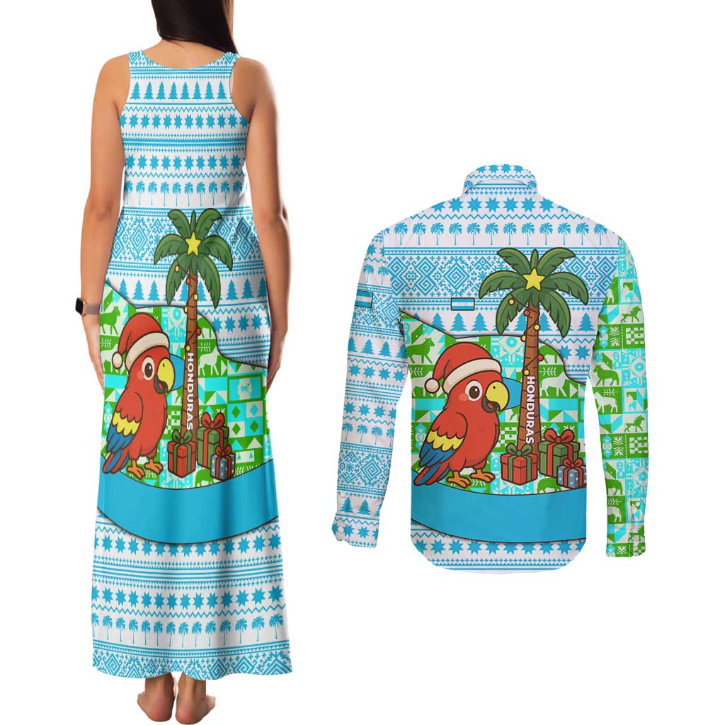 Honduras Christmas Couples Matching Tank Maxi Dress and Long Sleeve Button Shirt with Santa Parrot Palm Tree and Tropical Gift Pattern Design - Wonder Print Shop