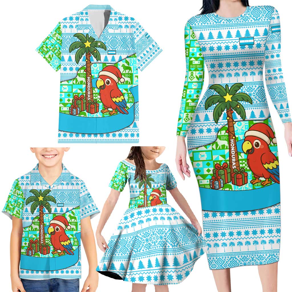 Honduras Christmas Family Matching Long Sleeve Bodycon Dress and Hawaiian Shirt with Santa Parrot Palm Tree and Tropical Gift Pattern Design - Wonder Print Shop