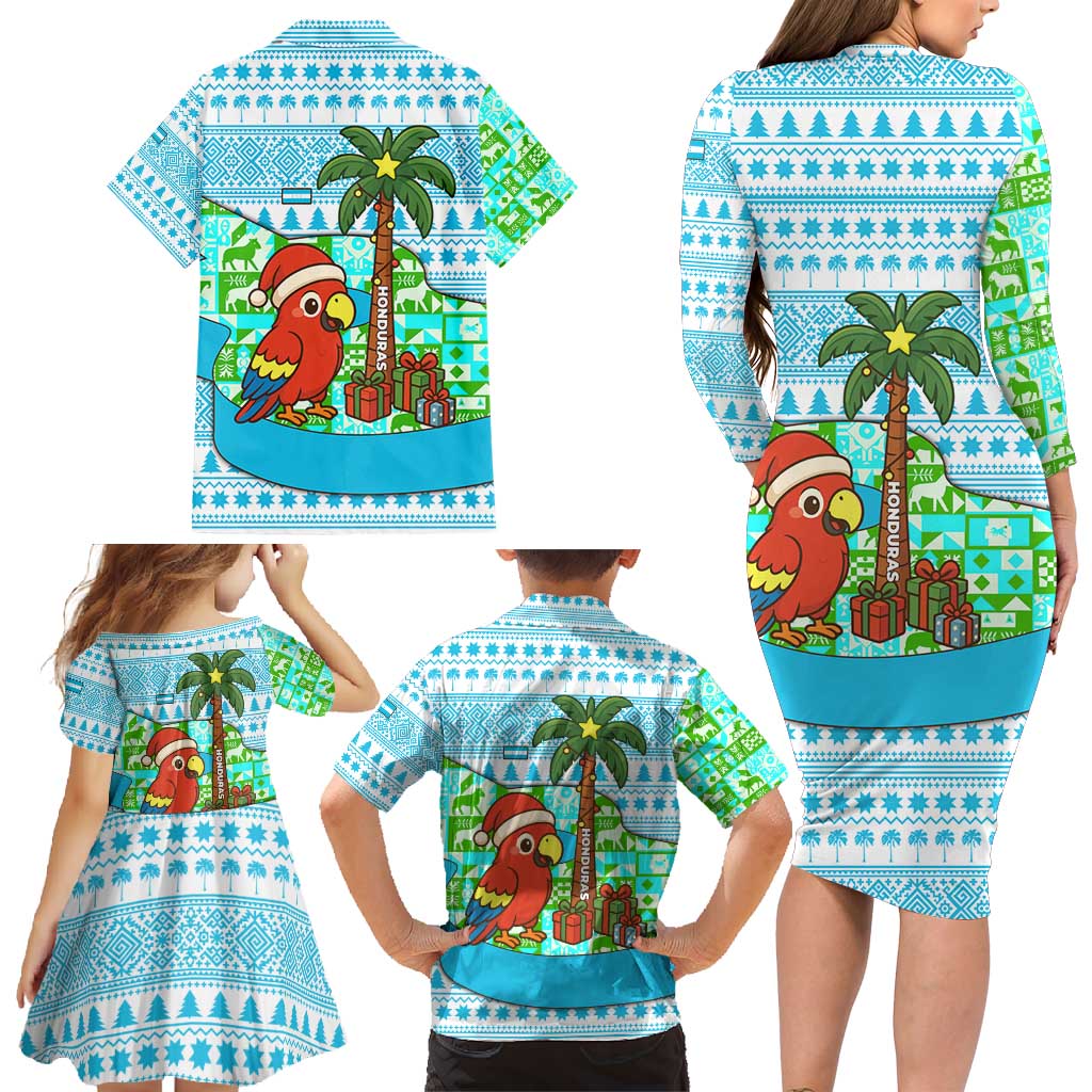 Honduras Christmas Family Matching Long Sleeve Bodycon Dress and Hawaiian Shirt with Santa Parrot Palm Tree and Tropical Gift Pattern Design - Wonder Print Shop