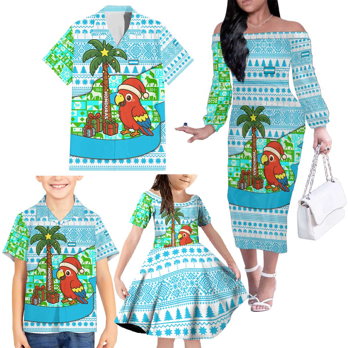 Honduras Christmas Family Matching Off The Shoulder Long Sleeve Dress and Hawaiian Shirt with Santa Parrot Palm Tree and Tropical Gift Pattern Design - Wonder Print Shop