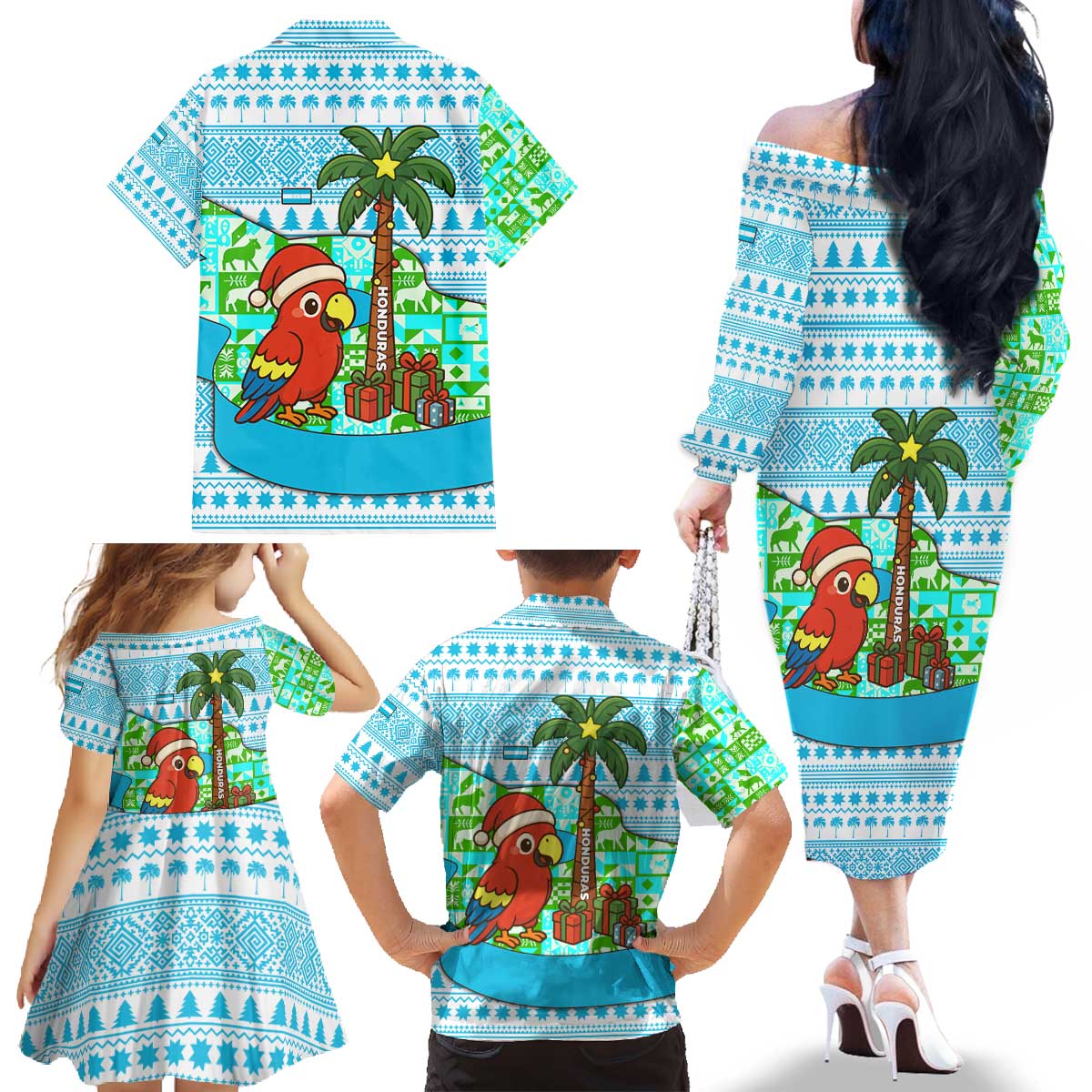 Honduras Christmas Family Matching Off The Shoulder Long Sleeve Dress and Hawaiian Shirt with Santa Parrot Palm Tree and Tropical Gift Pattern Design - Wonder Print Shop