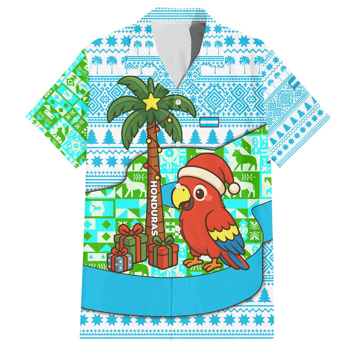 Honduras Christmas Family Matching Off The Shoulder Long Sleeve Dress and Hawaiian Shirt with Santa Parrot Palm Tree and Tropical Gift Pattern Design - Wonder Print Shop