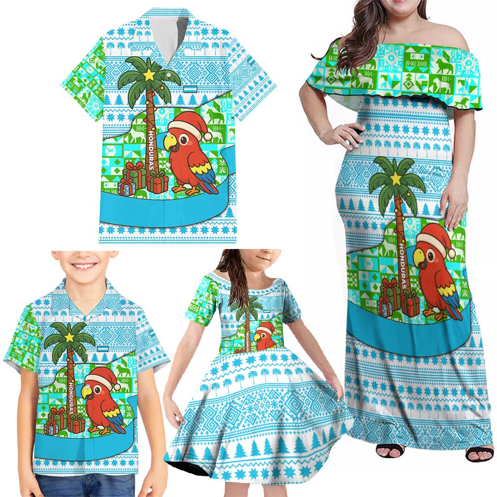 Honduras Christmas Family Matching Off Shoulder Maxi Dress and Hawaiian Shirt with Santa Parrot Palm Tree and Tropical Gift Pattern Design - Wonder Print Shop