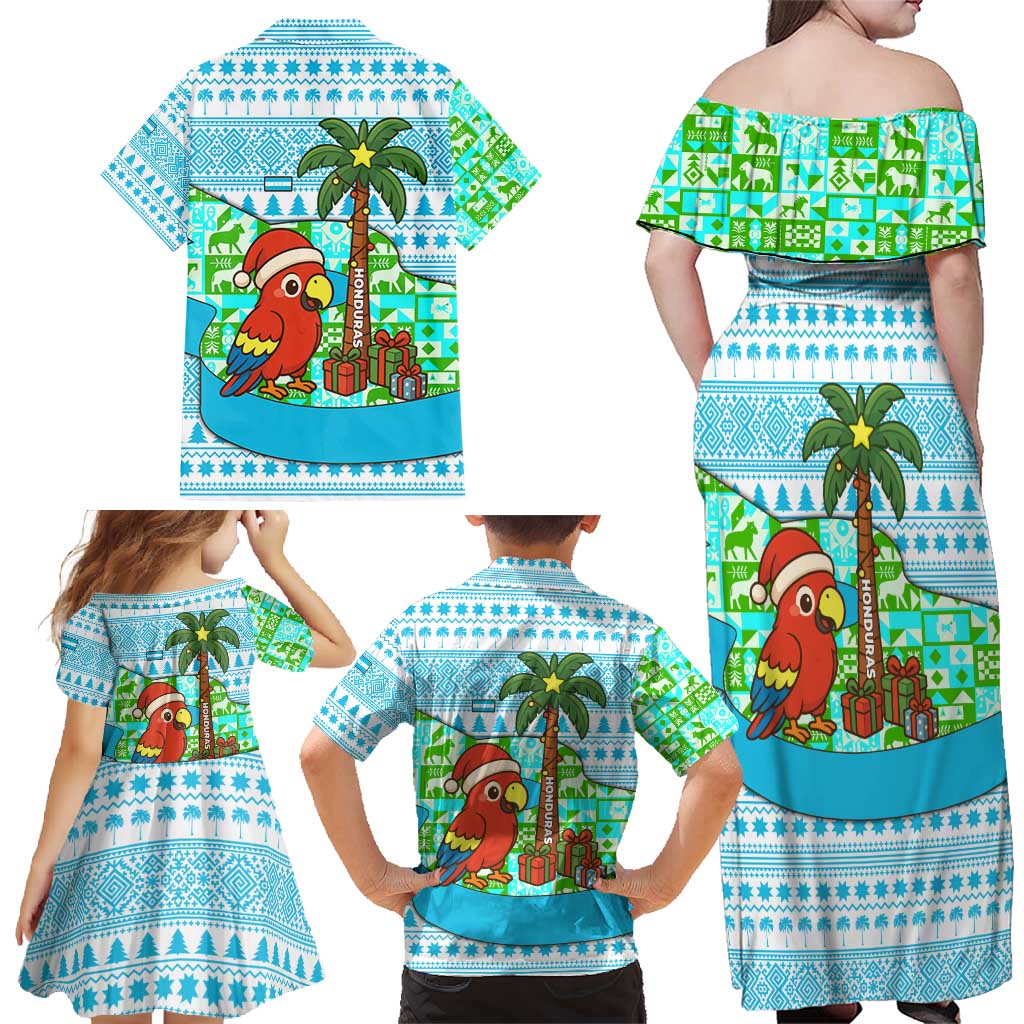 Honduras Christmas Family Matching Off Shoulder Maxi Dress and Hawaiian Shirt with Santa Parrot Palm Tree and Tropical Gift Pattern Design - Wonder Print Shop