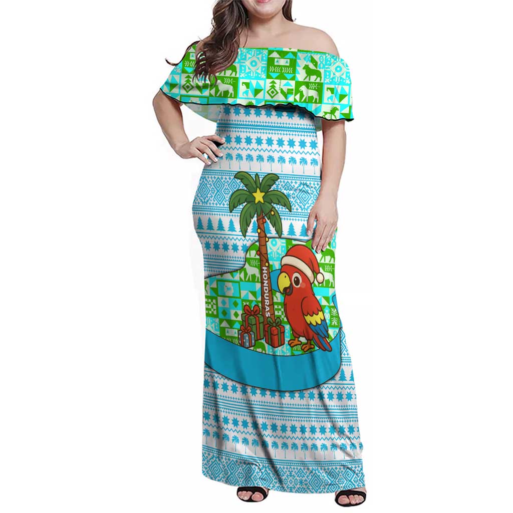 Honduras Christmas Family Matching Off Shoulder Maxi Dress and Hawaiian Shirt with Santa Parrot Palm Tree and Tropical Gift Pattern Design - Wonder Print Shop