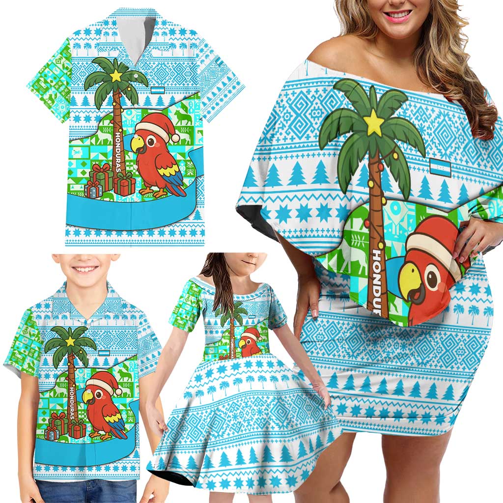 Honduras Christmas Family Matching Off Shoulder Short Dress and Hawaiian Shirt with Santa Parrot Palm Tree and Tropical Gift Pattern Design - Wonder Print Shop