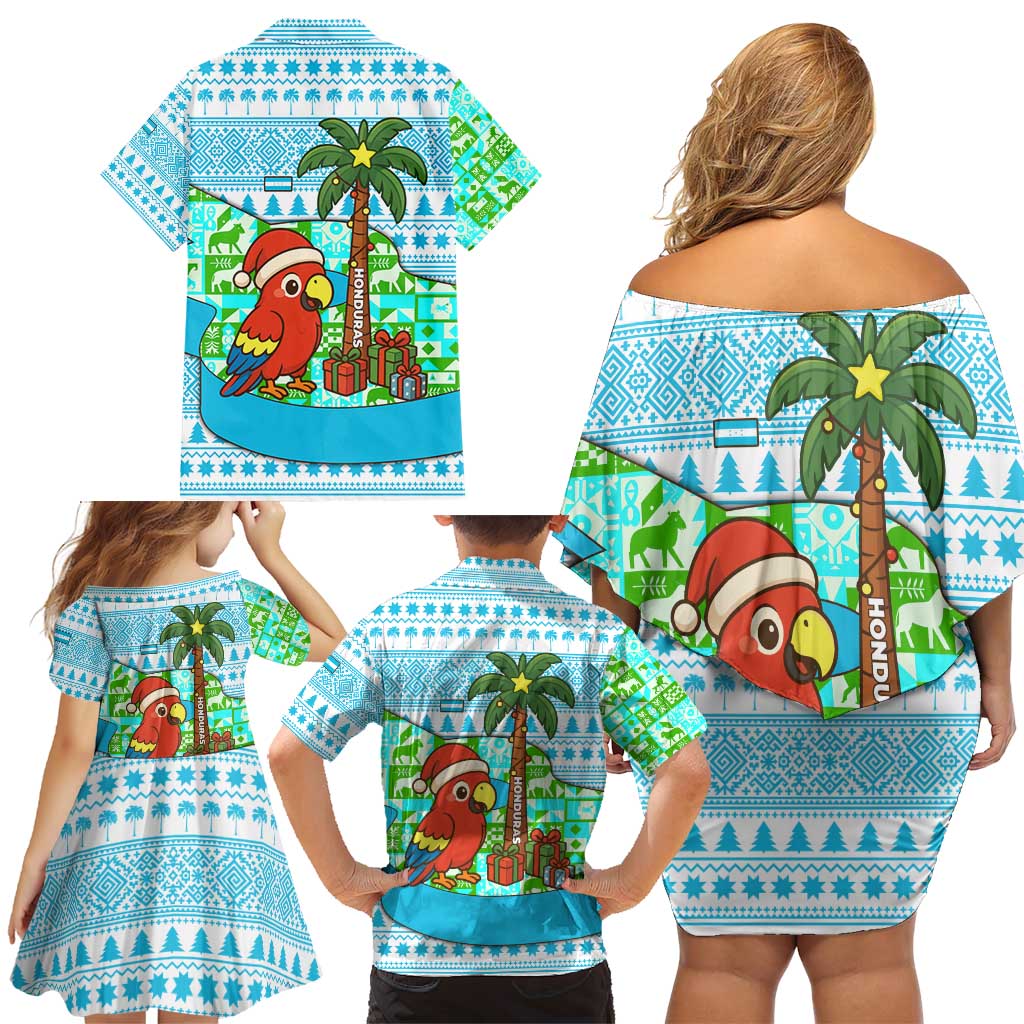 Honduras Christmas Family Matching Off Shoulder Short Dress and Hawaiian Shirt with Santa Parrot Palm Tree and Tropical Gift Pattern Design - Wonder Print Shop