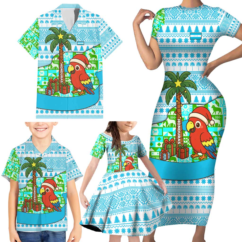 Honduras Christmas Family Matching Short Sleeve Bodycon Dress and Hawaiian Shirt with Santa Parrot Palm Tree and Tropical Gift Pattern Design - Wonder Print Shop