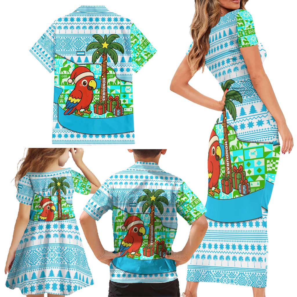 Honduras Christmas Family Matching Short Sleeve Bodycon Dress and Hawaiian Shirt with Santa Parrot Palm Tree and Tropical Gift Pattern Design - Wonder Print Shop