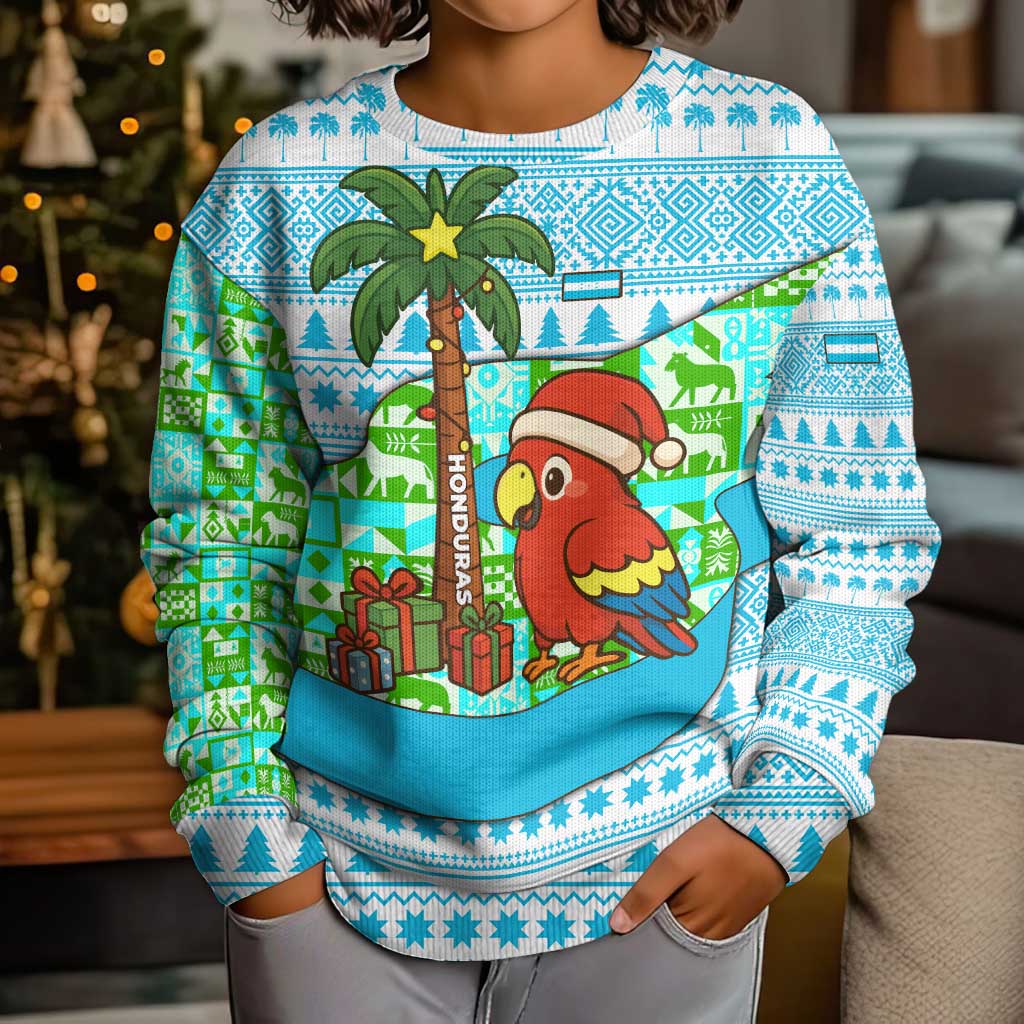 Honduras Christmas Kid Ugly Christmas Sweater with Santa Parrot Palm Tree and Tropical Gift Pattern Design - Wonder Print Shop