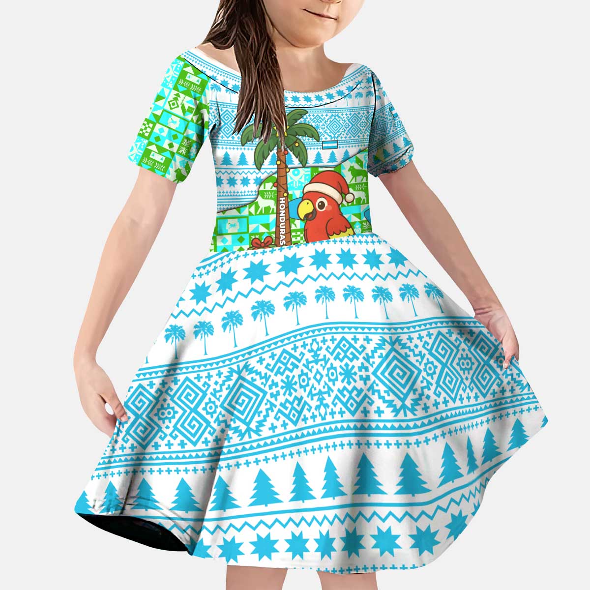 Honduras Christmas Kid Short Sleeve Dress with Santa Parrot Palm Tree and Tropical Gift Pattern Design - Wonder Print Shop