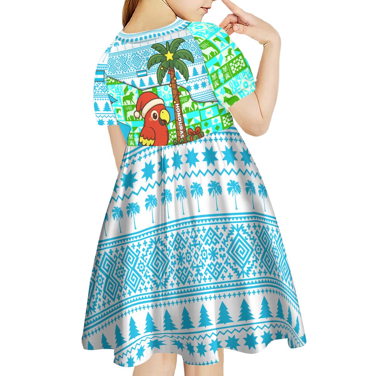 Honduras Christmas Kid Short Sleeve Dress with Santa Parrot Palm Tree and Tropical Gift Pattern Design - Wonder Print Shop
