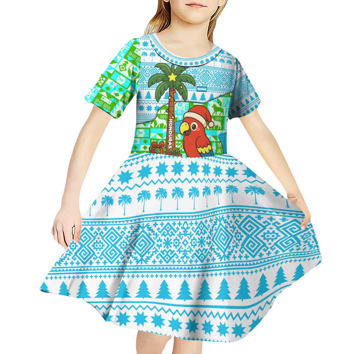 Honduras Christmas Kid Short Sleeve Dress with Santa Parrot Palm Tree and Tropical Gift Pattern Design - Wonder Print Shop