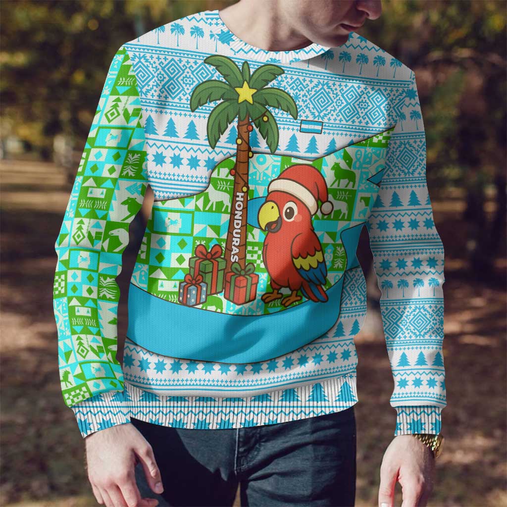 Honduras Christmas Ugly Christmas Sweater with Santa Parrot Palm Tree and Tropical Gift Pattern Design - Wonder Print Shop