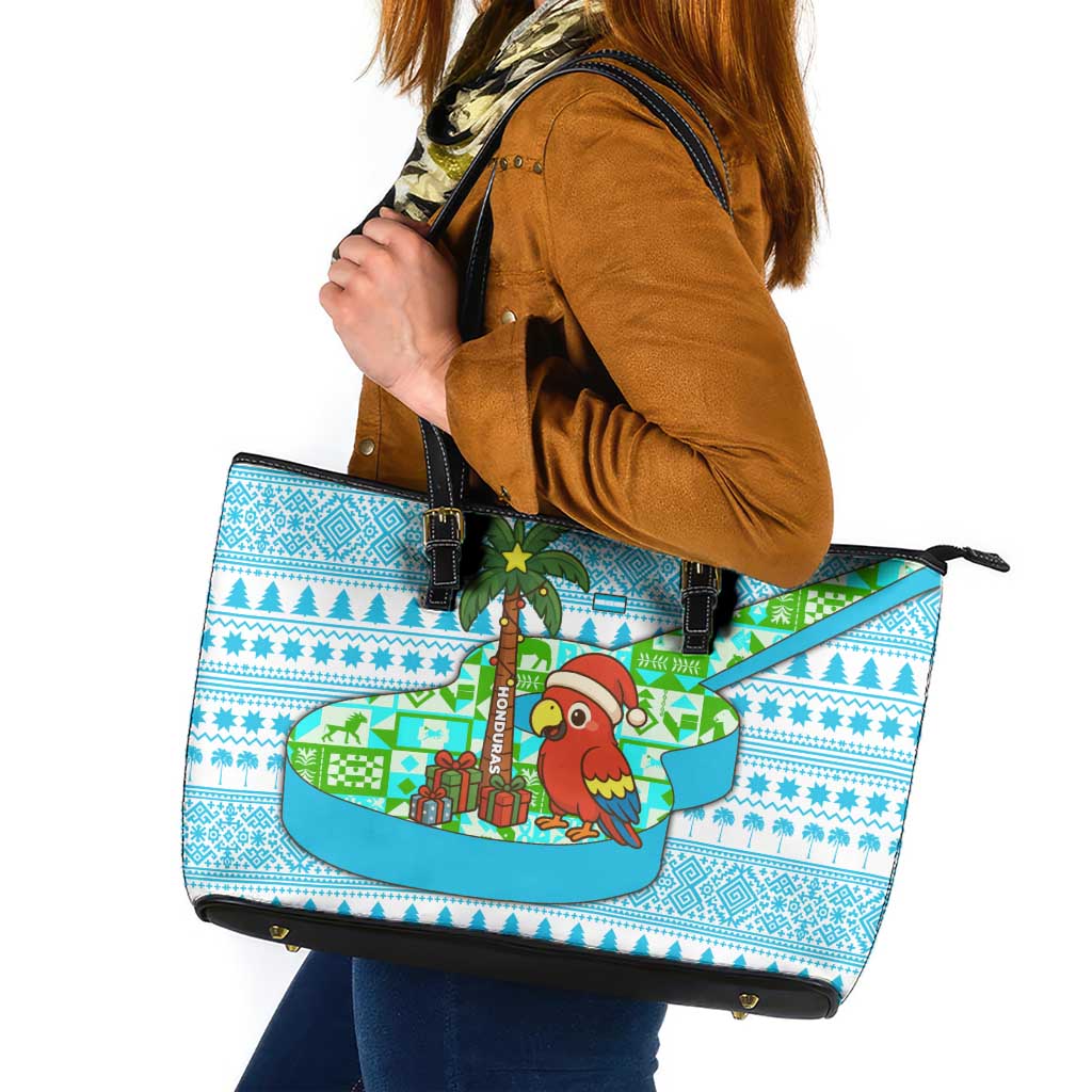 Honduras Christmas Leather Tote Bag with Santa Parrot Palm Tree and Tropical Gift Pattern Design - Wonder Print Shop