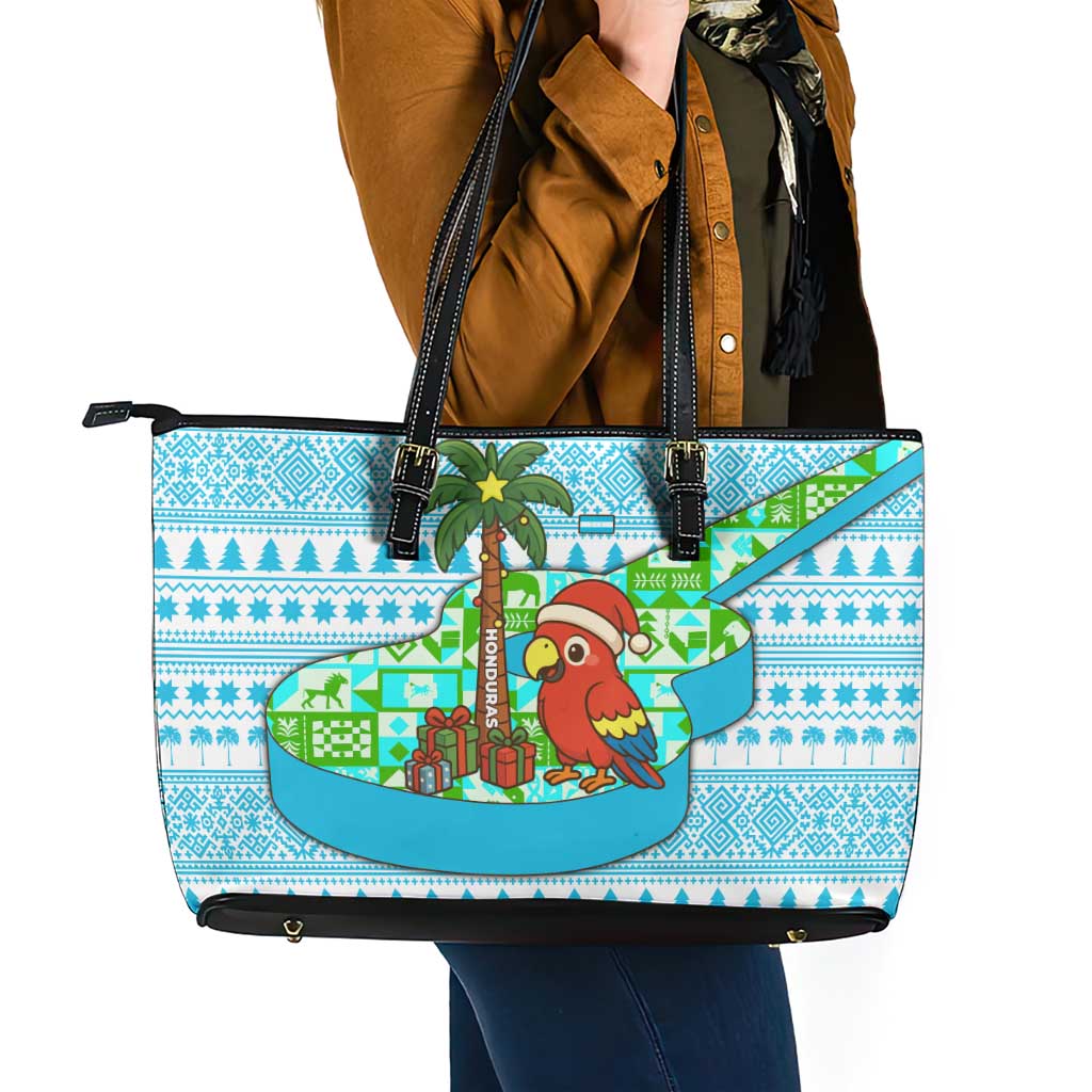 Honduras Christmas Leather Tote Bag with Santa Parrot Palm Tree and Tropical Gift Pattern Design - Wonder Print Shop