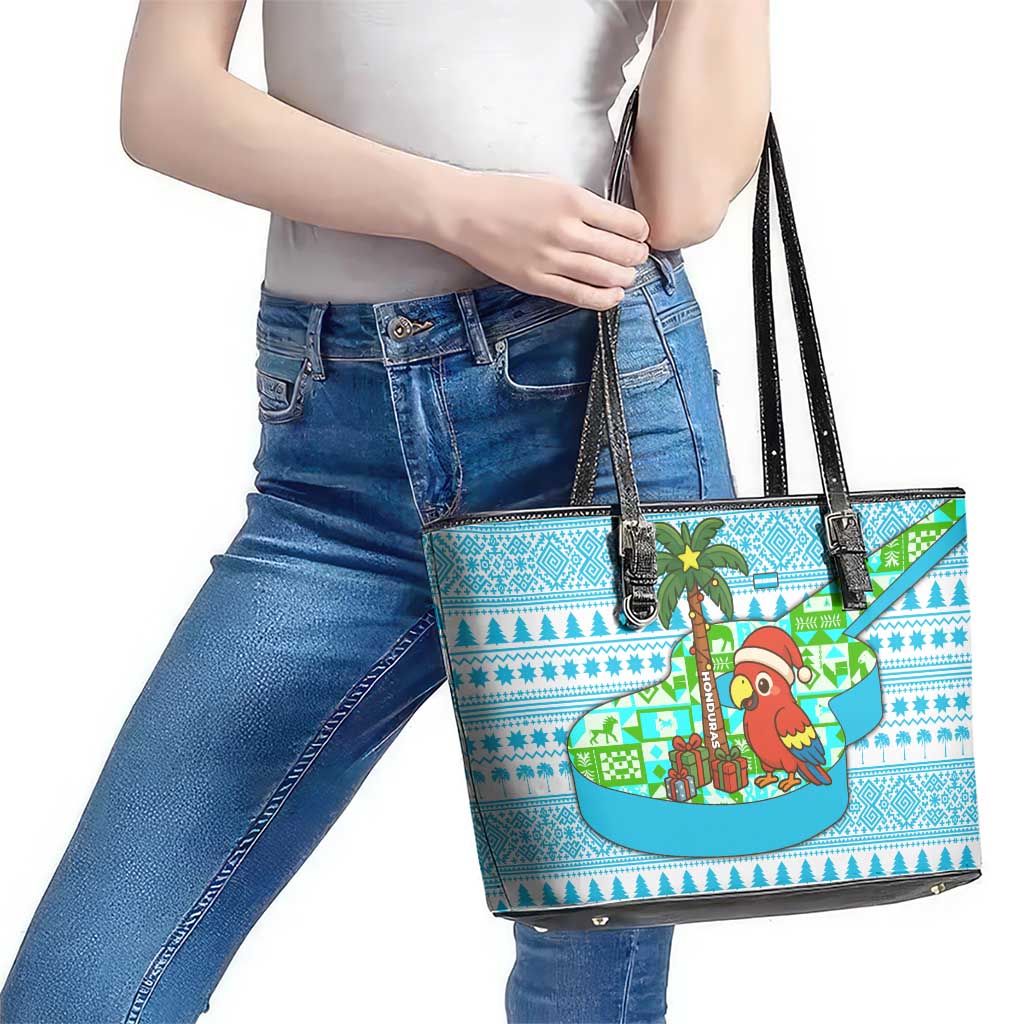 Honduras Christmas Leather Tote Bag with Santa Parrot Palm Tree and Tropical Gift Pattern Design - Wonder Print Shop