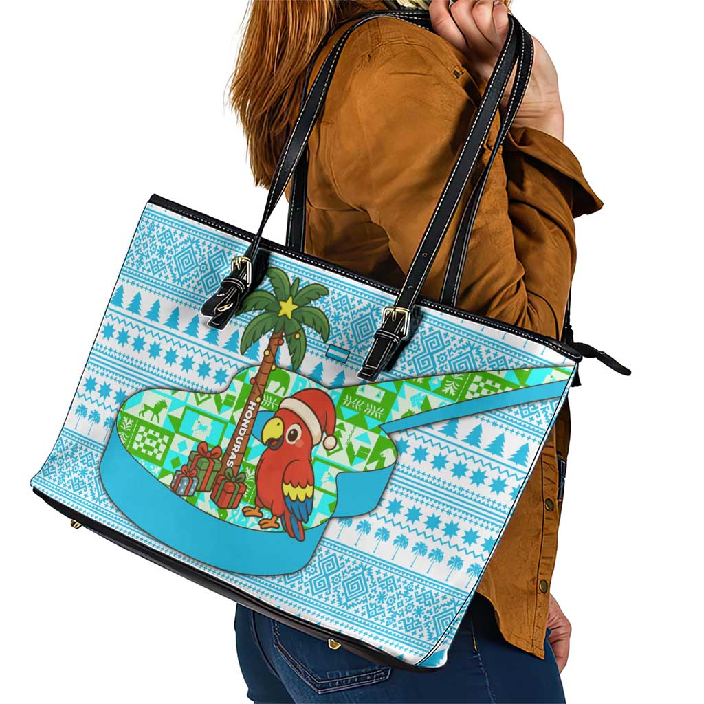 Honduras Christmas Leather Tote Bag with Santa Parrot Palm Tree and Tropical Gift Pattern Design - Wonder Print Shop