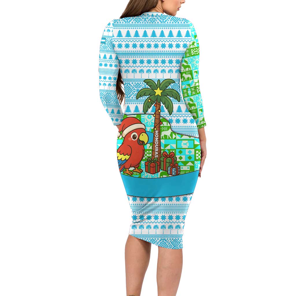 Honduras Christmas Long Sleeve Bodycon Dress with Santa Parrot Palm Tree and Tropical Gift Pattern Design - Wonder Print Shop