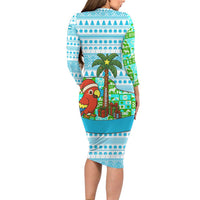 Honduras Christmas Long Sleeve Bodycon Dress with Santa Parrot Palm Tree and Tropical Gift Pattern Design - Wonder Print Shop
