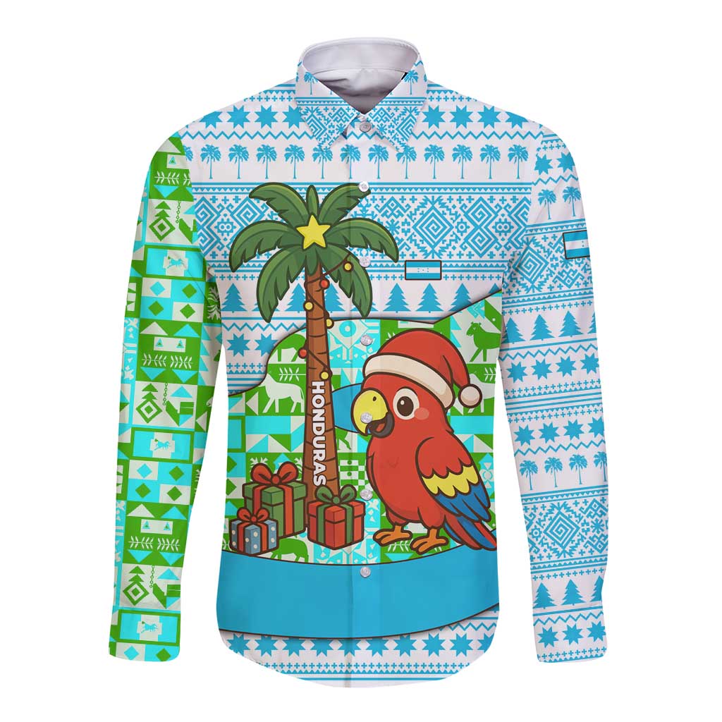 Honduras Christmas Long Sleeve Button Shirt with Santa Parrot Palm Tree and Tropical Gift Pattern Design - Wonder Print Shop