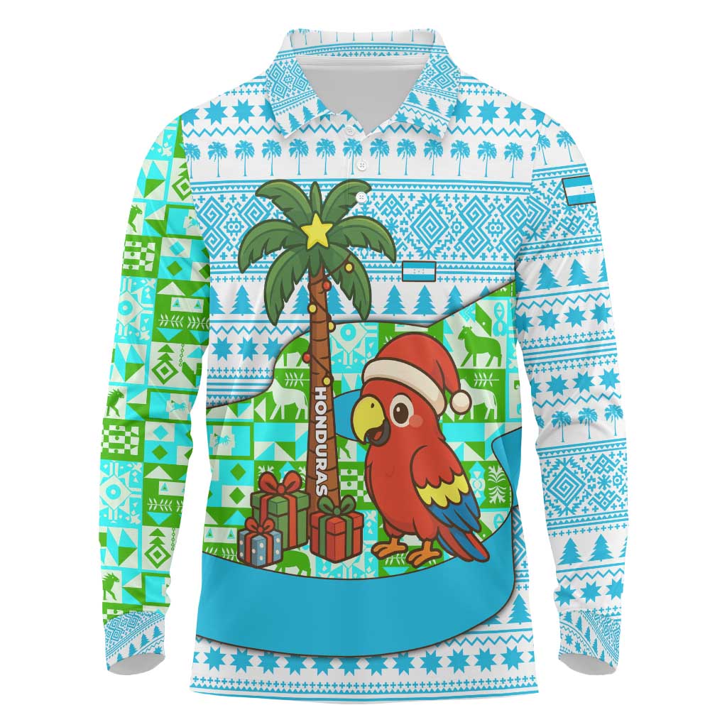 Honduras Christmas Long Sleeve Polo Shirt with Santa Parrot Palm Tree and Tropical Gift Pattern Design - Wonder Print Shop