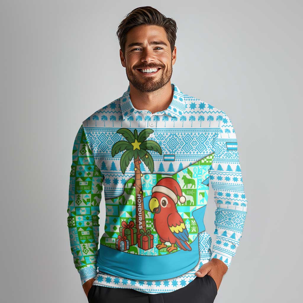 Honduras Christmas Long Sleeve Polo Shirt with Santa Parrot Palm Tree and Tropical Gift Pattern Design - Wonder Print Shop