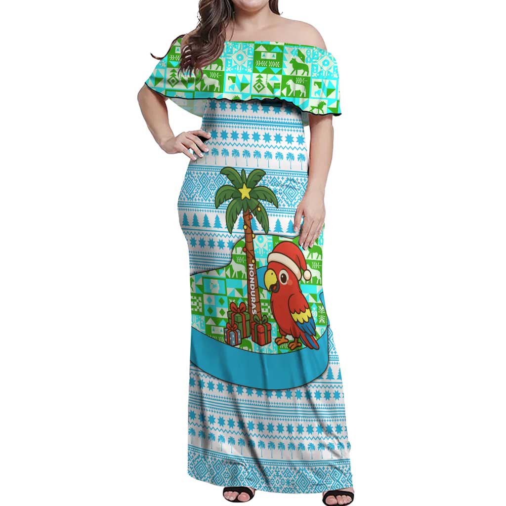 Honduras Christmas Off Shoulder Maxi Dress with Santa Parrot Palm Tree and Tropical Gift Pattern Design - Wonder Print Shop