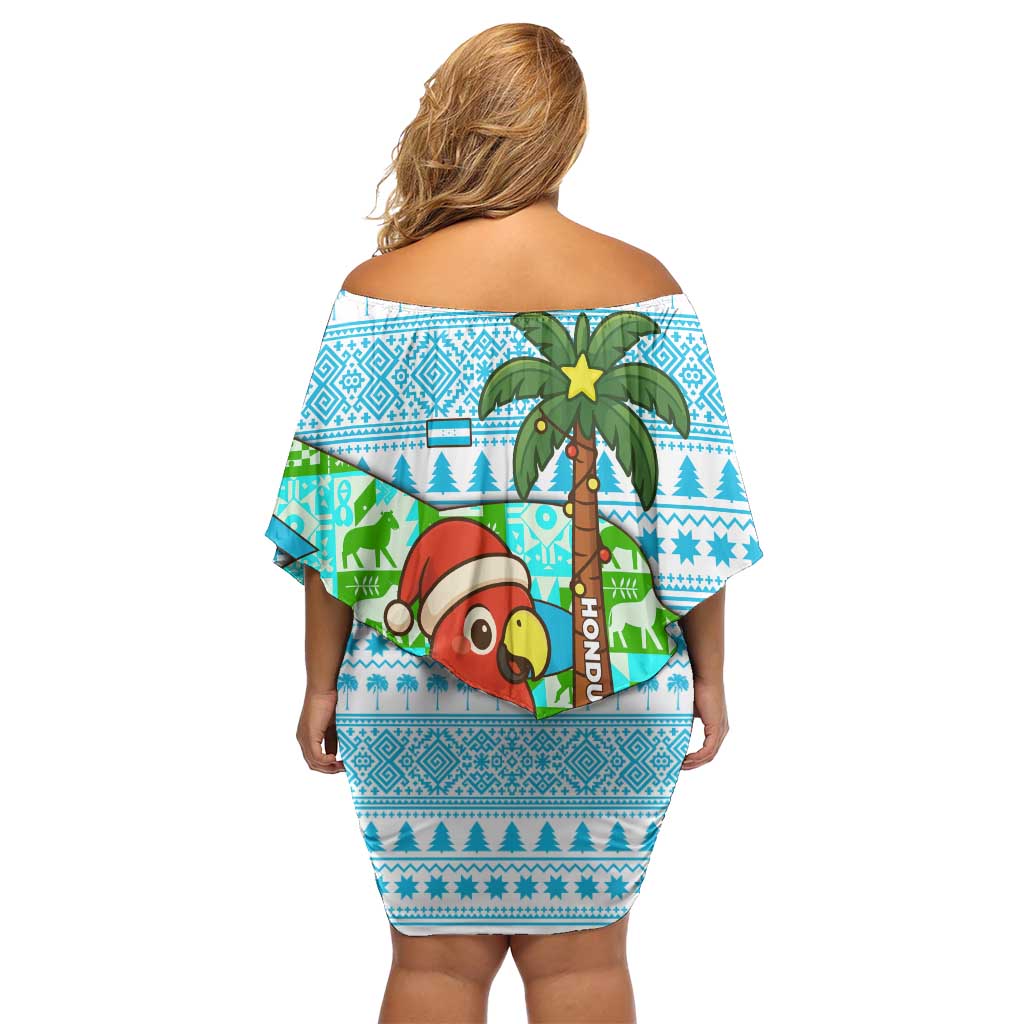 Honduras Christmas Off Shoulder Short Dress with Santa Parrot Palm Tree and Tropical Gift Pattern Design - Wonder Print Shop