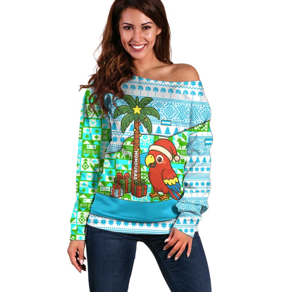 Honduras Christmas Off Shoulder Sweater with Santa Parrot Palm Tree and Tropical Gift Pattern Design - Wonder Print Shop