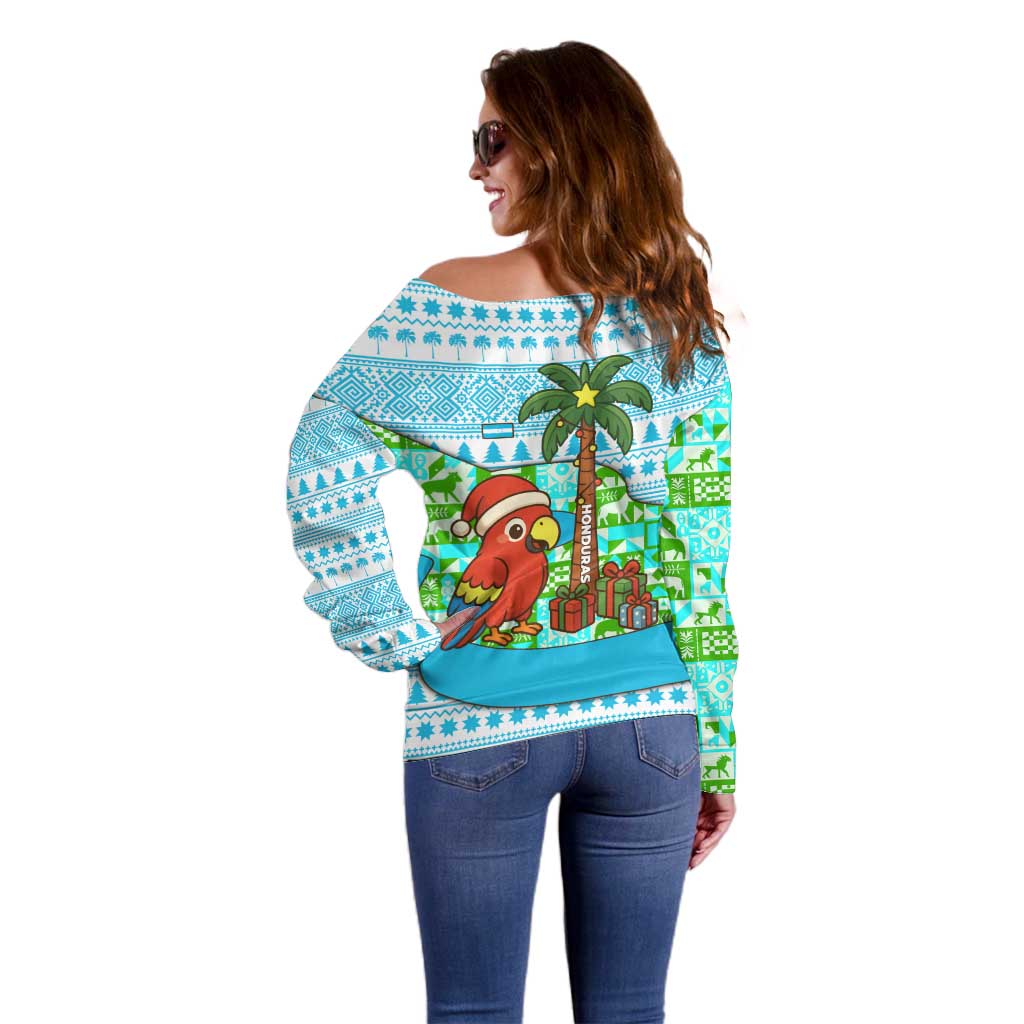 Honduras Christmas Off Shoulder Sweater with Santa Parrot Palm Tree and Tropical Gift Pattern Design - Wonder Print Shop
