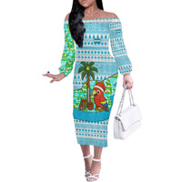 Honduras Christmas Off The Shoulder Long Sleeve Dress with Santa Parrot Palm Tree and Tropical Gift Pattern Design - Wonder Print Shop
