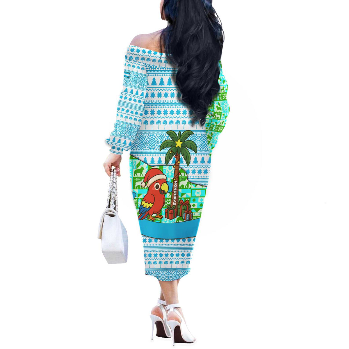 Honduras Christmas Off The Shoulder Long Sleeve Dress with Santa Parrot Palm Tree and Tropical Gift Pattern Design - Wonder Print Shop