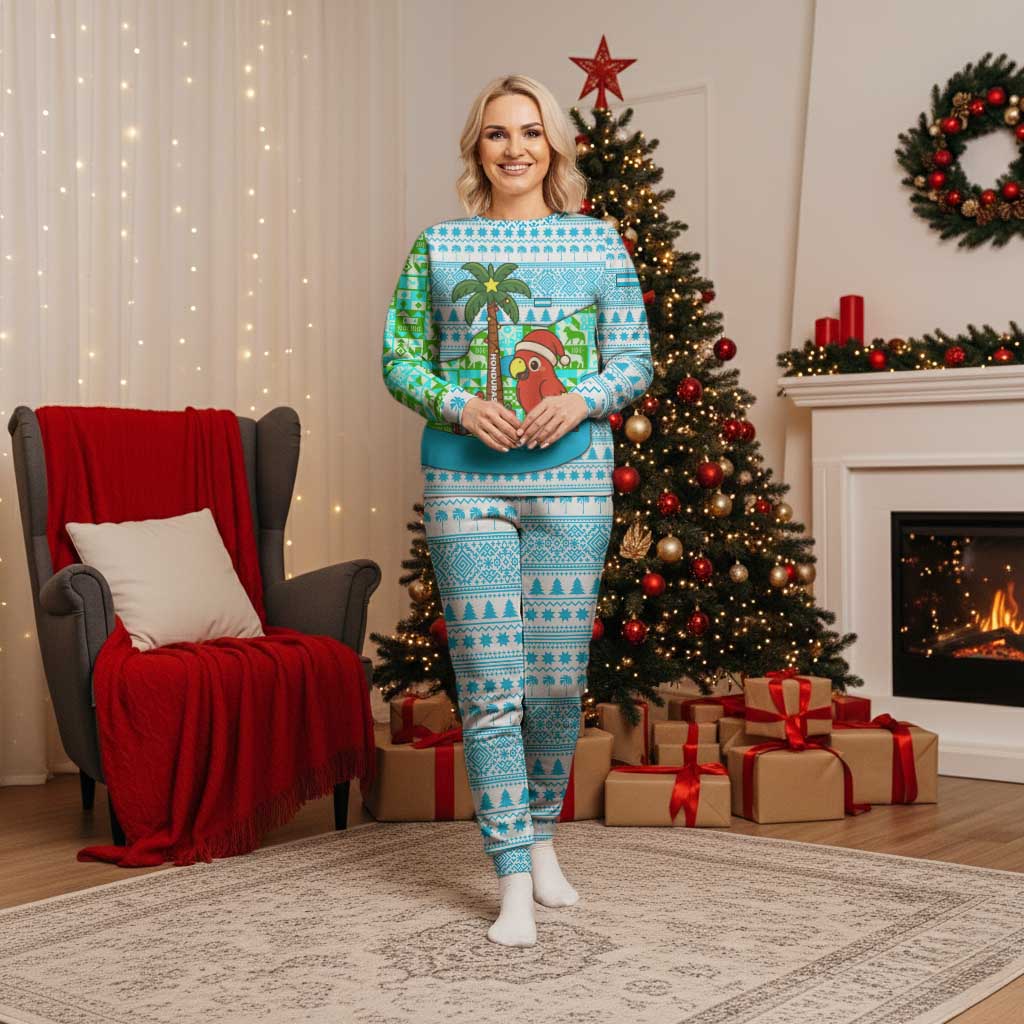 Honduras Christmas Pajama Set with Santa Parrot Palm Tree and Tropical Gift Pattern Design - Wonder Print Shop