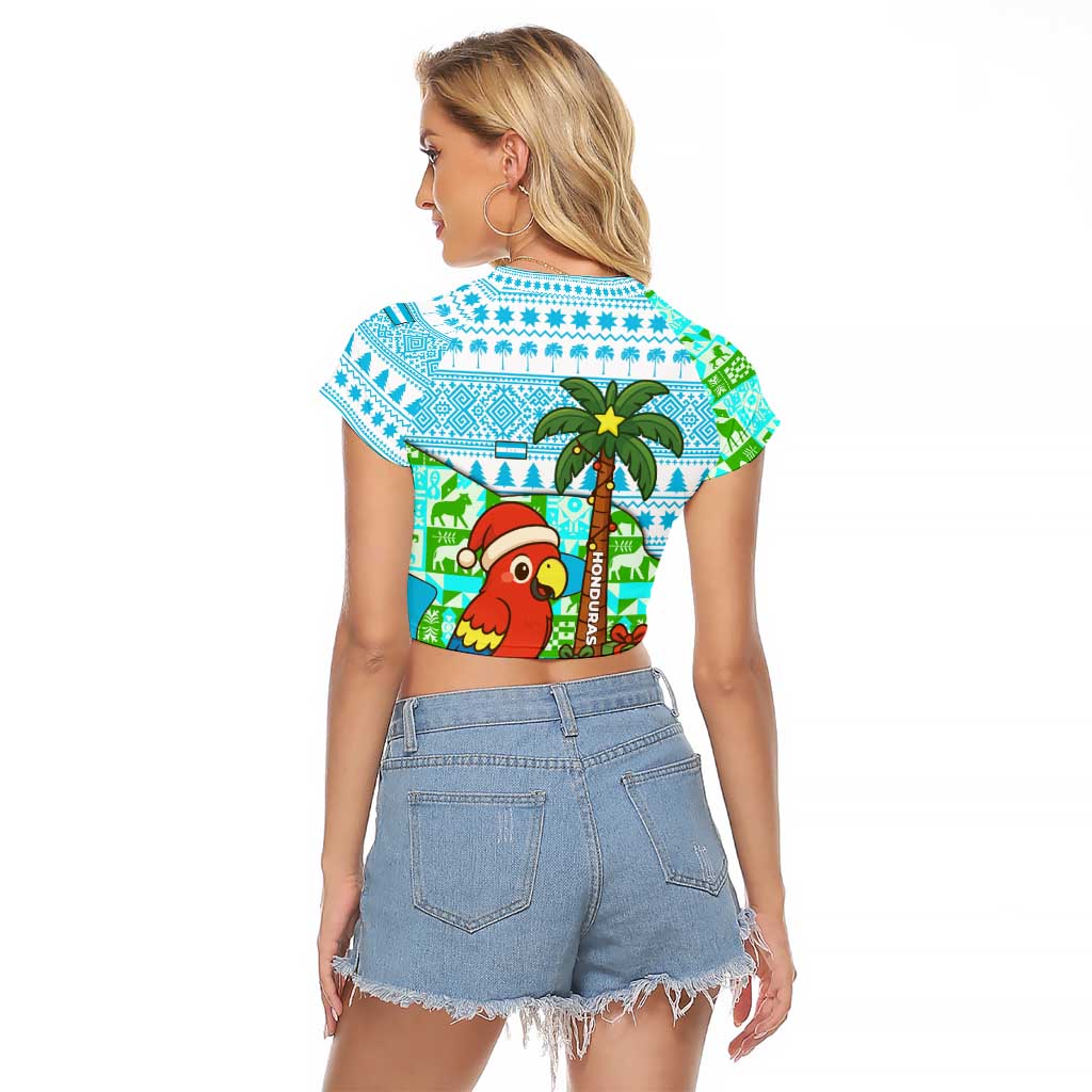 Honduras Christmas Raglan Cropped T Shirt with Santa Parrot Palm Tree and Tropical Gift Pattern Design - Wonder Print Shop