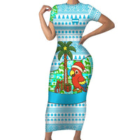 Honduras Christmas Short Sleeve Bodycon Dress with Santa Parrot Palm Tree and Tropical Gift Pattern Design - Wonder Print Shop