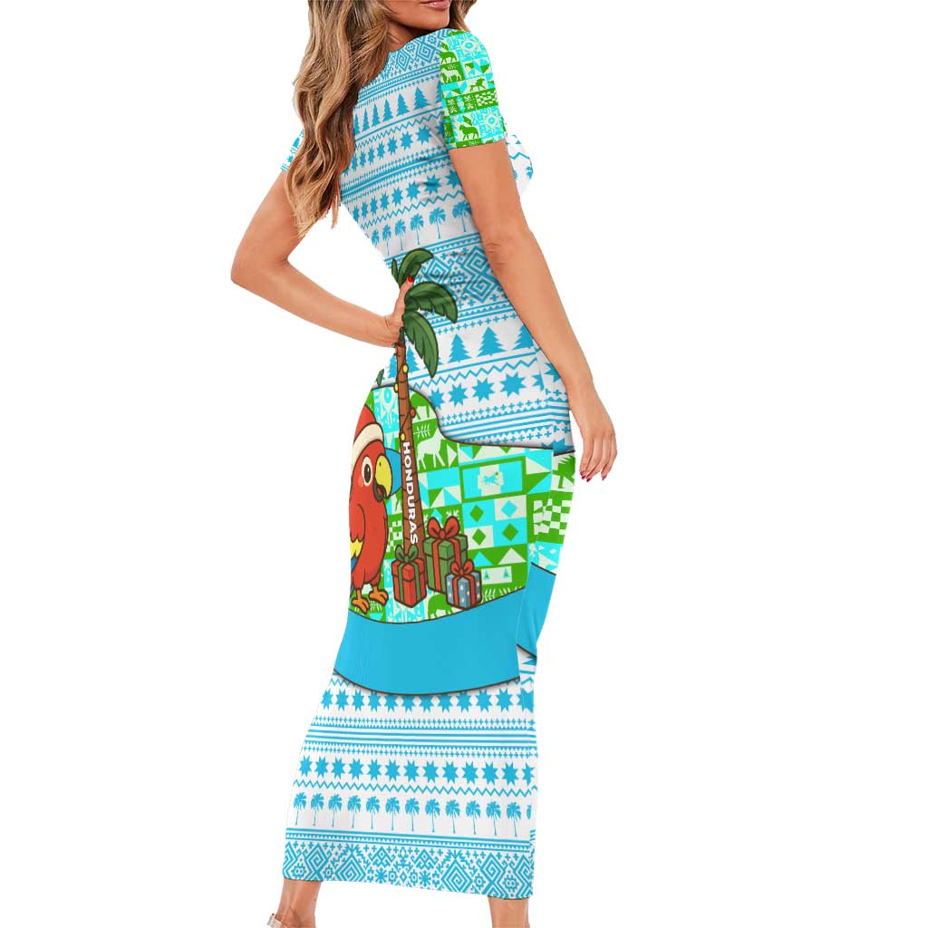 Honduras Christmas Short Sleeve Bodycon Dress with Santa Parrot Palm Tree and Tropical Gift Pattern Design - Wonder Print Shop