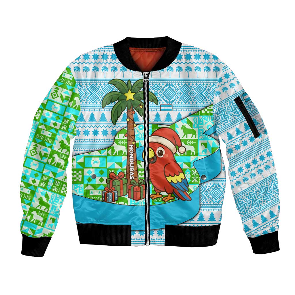 Honduras Christmas Sleeve Zip Bomber Jacket with Santa Parrot Palm Tree and Tropical Gift Pattern Design - Wonder Print Shop