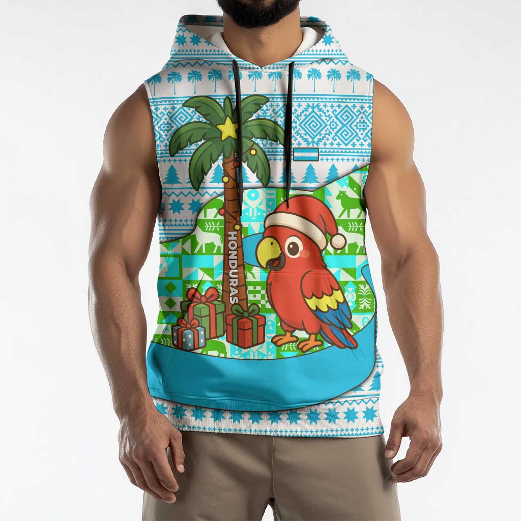 Honduras Christmas Sleeveless Hoodie with Santa Parrot Palm Tree and Tropical Gift Pattern Design - Wonder Print Shop