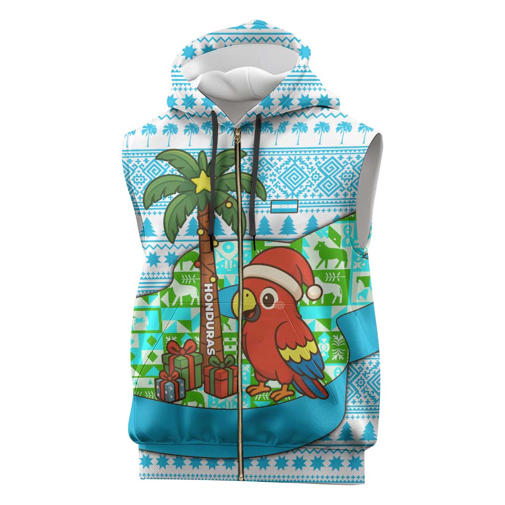 Honduras Christmas Sleeveless Zip Hoodie with Santa Parrot Palm Tree and Tropical Gift Pattern Design - Wonder Print Shop