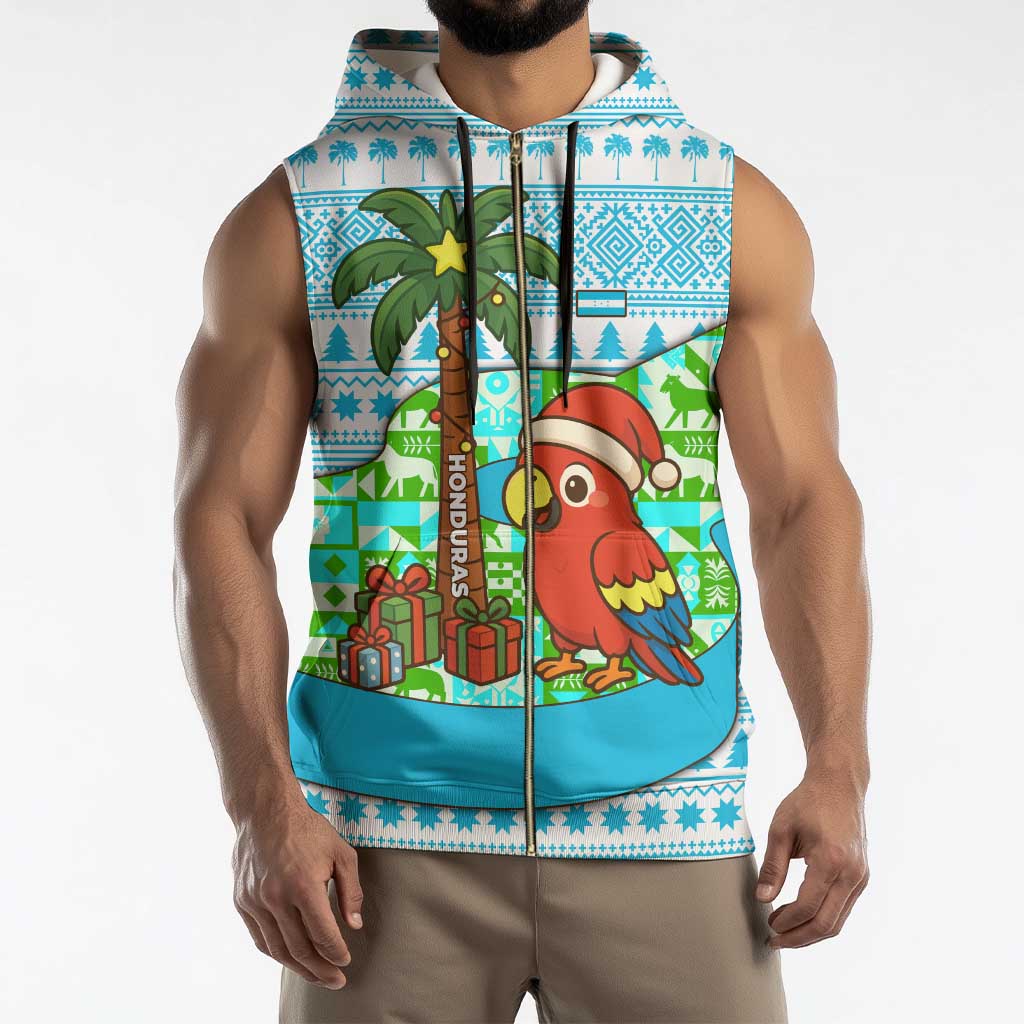 Honduras Christmas Sleeveless Zip Hoodie with Santa Parrot Palm Tree and Tropical Gift Pattern Design - Wonder Print Shop