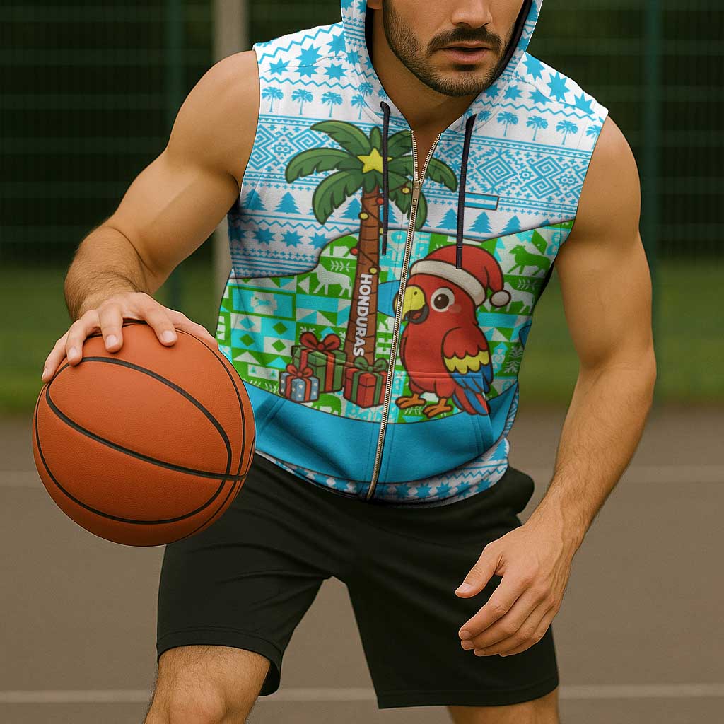 Honduras Christmas Sleeveless Zip Hoodie with Santa Parrot Palm Tree and Tropical Gift Pattern Design - Wonder Print Shop