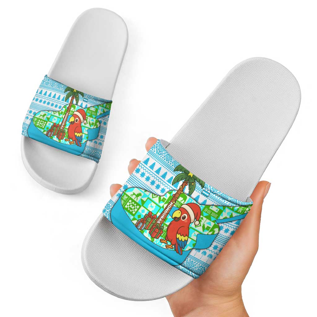 Honduras Christmas Slide Sandals with Santa Parrot Palm Tree and Tropical Gift Pattern Design - Wonder Print Shop