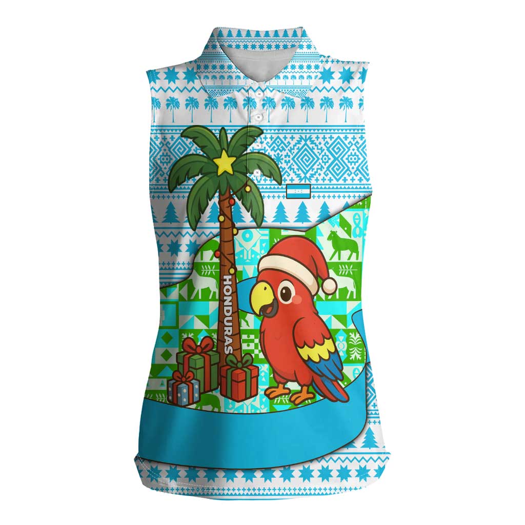 Honduras Christmas Women Sleeveless Polo Shirt with Santa Parrot Palm Tree and Tropical Gift Pattern Design - Wonder Print Shop