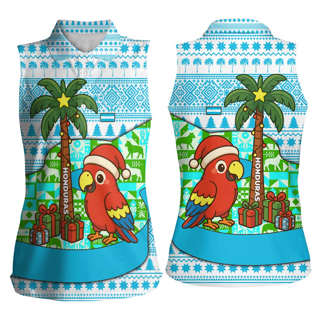Honduras Christmas Women Sleeveless Polo Shirt with Santa Parrot Palm Tree and Tropical Gift Pattern Design - Wonder Print Shop