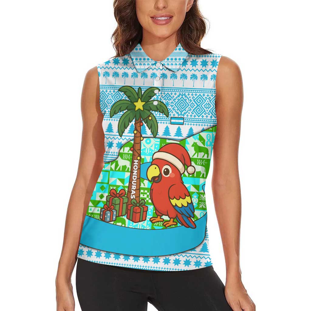 Honduras Christmas Women Sleeveless Polo Shirt with Santa Parrot Palm Tree and Tropical Gift Pattern Design - Wonder Print Shop