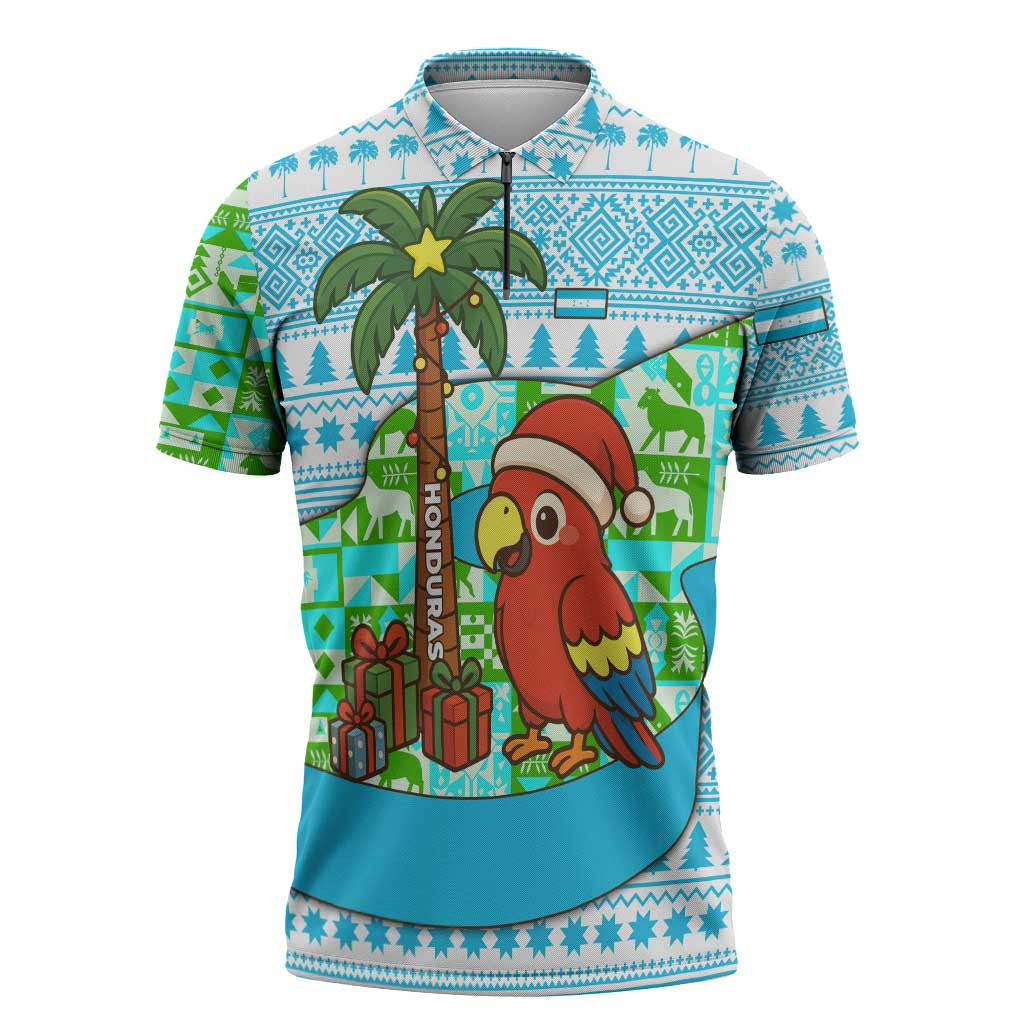 Honduras Christmas Zipper Polo Shirt with Santa Parrot Palm Tree and Tropical Gift Pattern Design - Wonder Print Shop