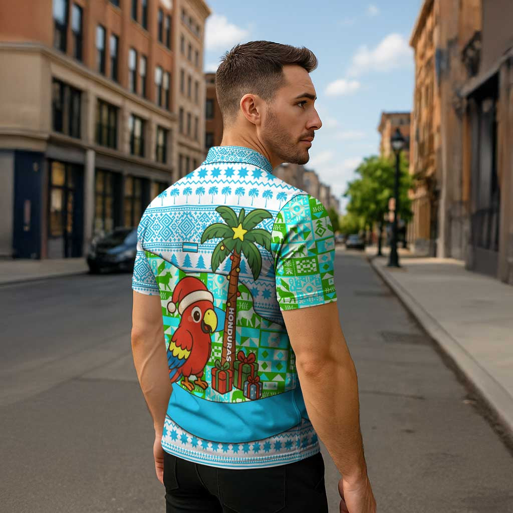 Honduras Christmas Zipper Polo Shirt with Santa Parrot Palm Tree and Tropical Gift Pattern Design - Wonder Print Shop