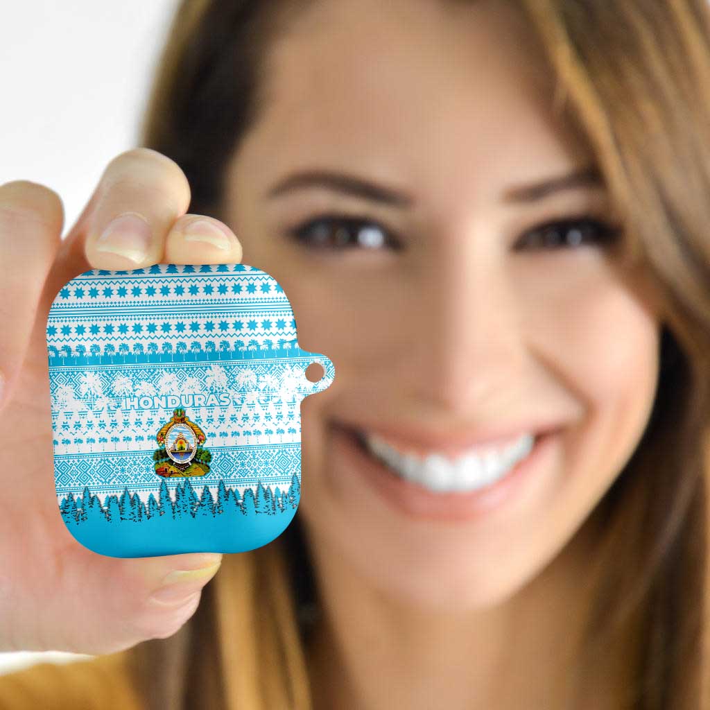 Honduras Christmas AirPods Case with National Emblem Palm Trees and Snowflake Pattern Design - Wonder Print Shop